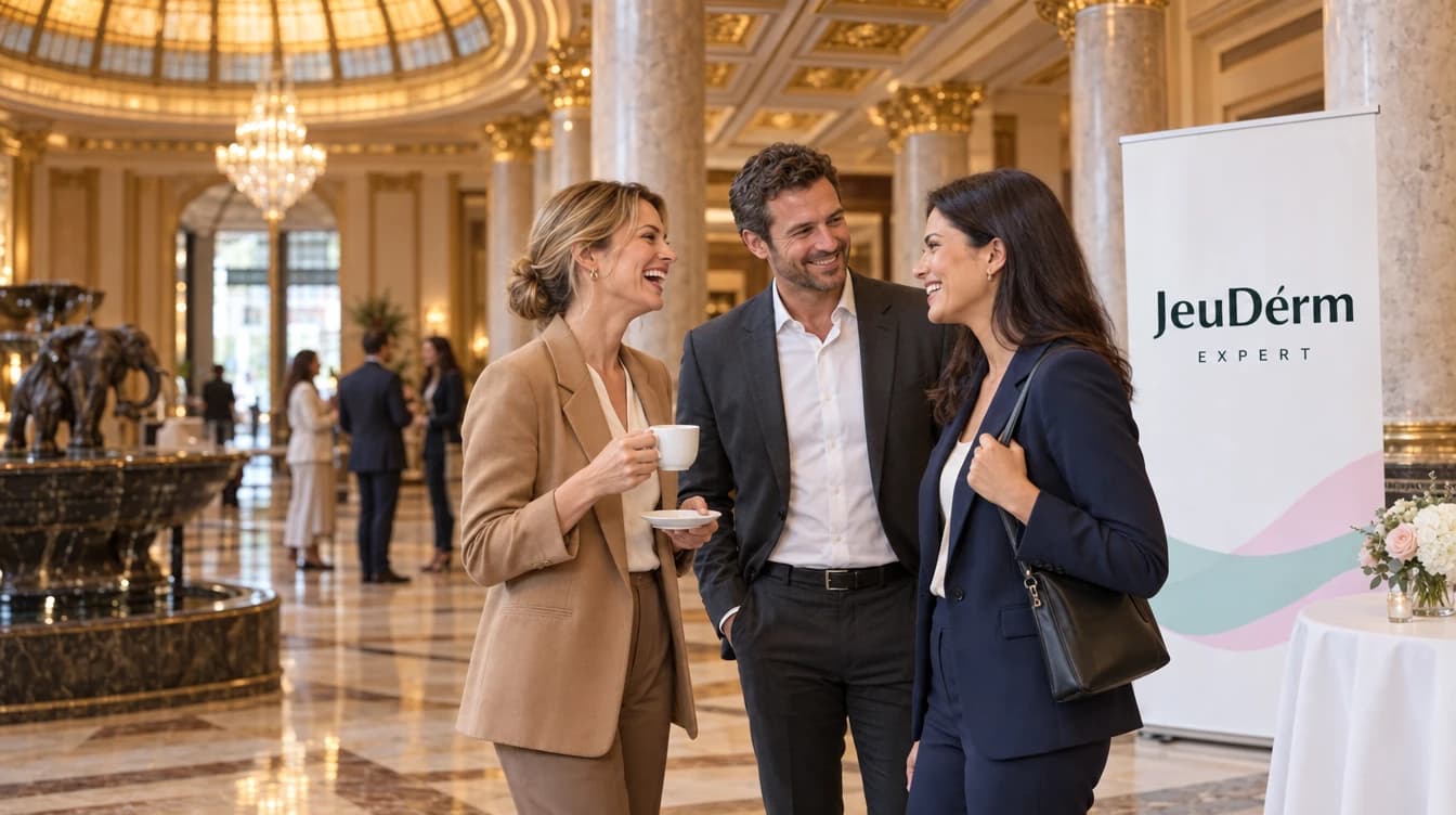 KI-generiertes Symbolbild: Empfang im Hotelfoyer unter der Glaskuppel, drei Gäste lachen im Gespräch, links der Elefantenbrunnen, rechts ein Roll-up mit dem Schriftzug JeuDérm