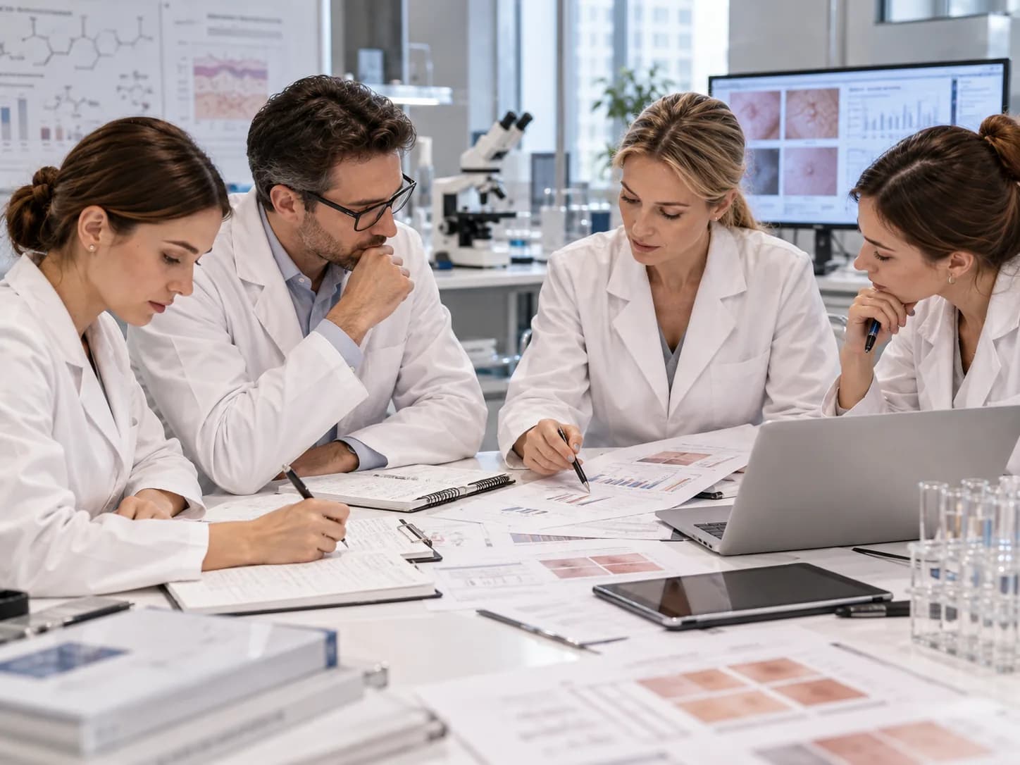 Fachleute im Labor besprechen Hautaufnahmen und Messwerte